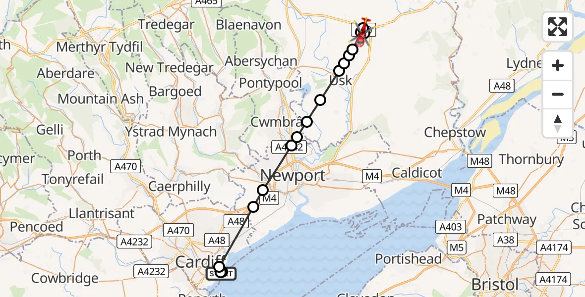 Flight path map showing Air Ambulance Helicopter route from Cardiff Heliport to Raglan