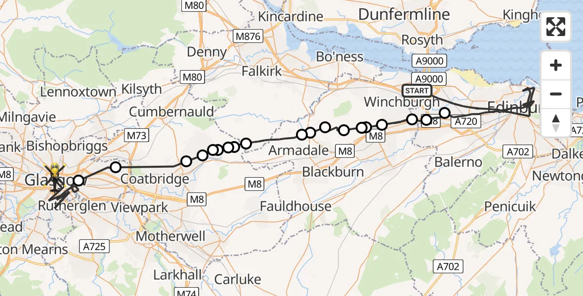 Flight path map showing Police Helicopter route from City of Edinburgh to Glasgow