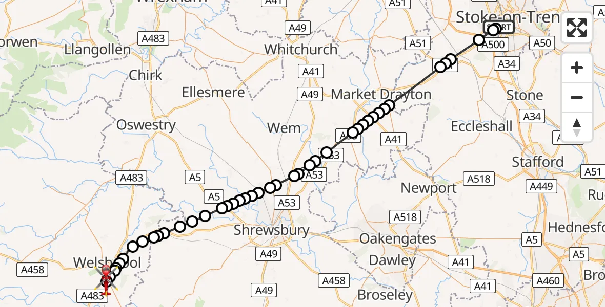 Flight path map showing Air Ambulance Helicopter route from University Hospital North Staffs to Welshpool Airport