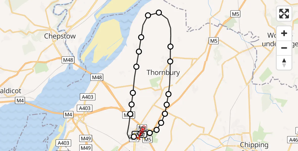 Flight path map showing Air Ambulance Helicopter route from Almondsbury Helicopter Base to Almondsbury Helicopter Base