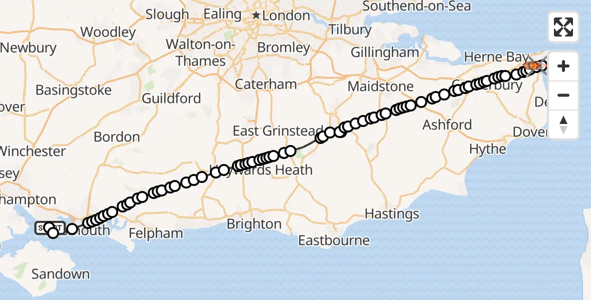 Flight path map showing Coastguard Helicopter route from Solent Airport to Manston Airport