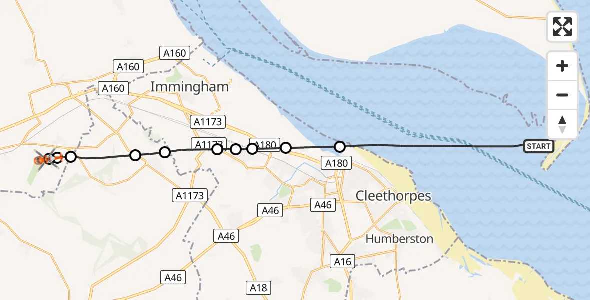 Flight path map showing Coastguard Helicopter route from North Sea to Humberside Airport