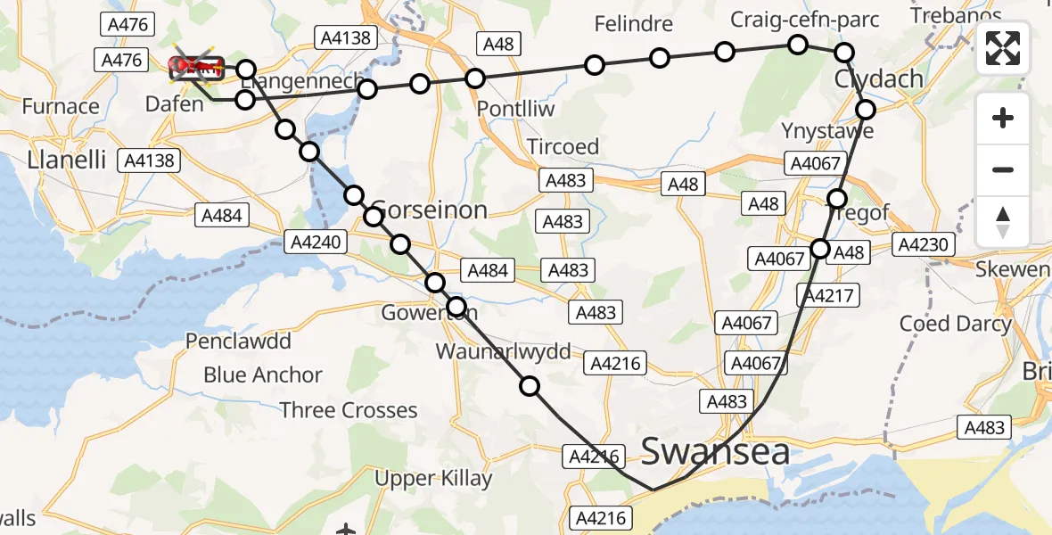 Flight path map showing Air Ambulance Helicopter route from Dafen to Dafen