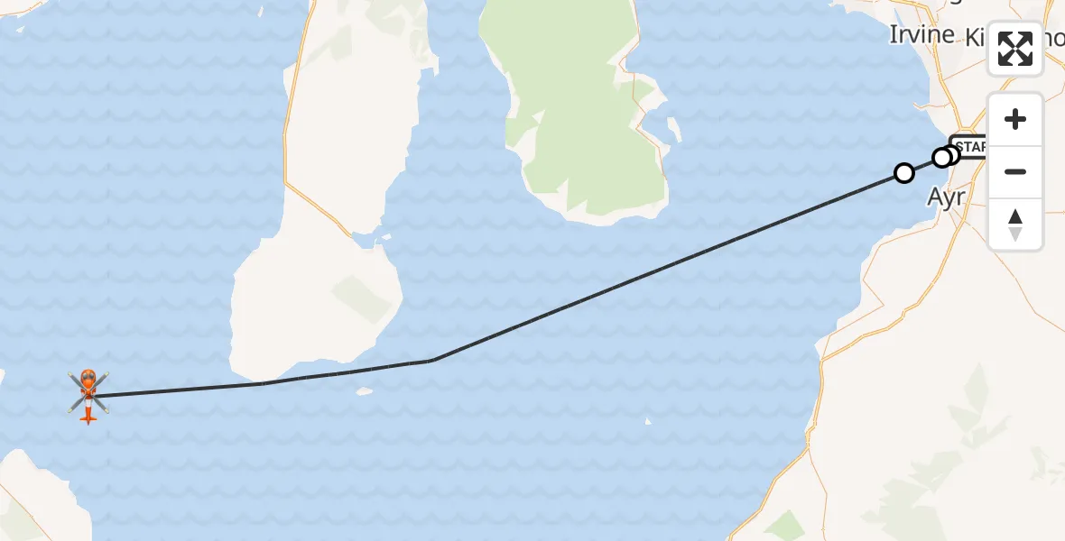 Flight path map showing Coastguard Helicopter route from Glasgow Prestwick Airport to Inner Seas