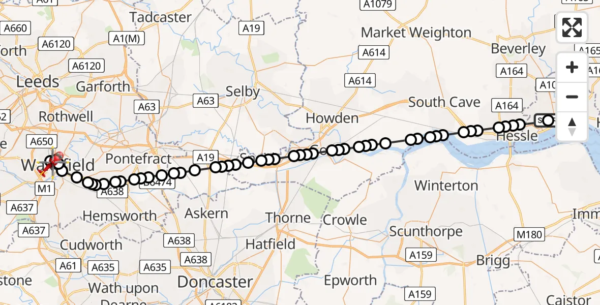 Flight path map showing Air Ambulance Helicopter route from Hull Royal Infirmary to Wakefield