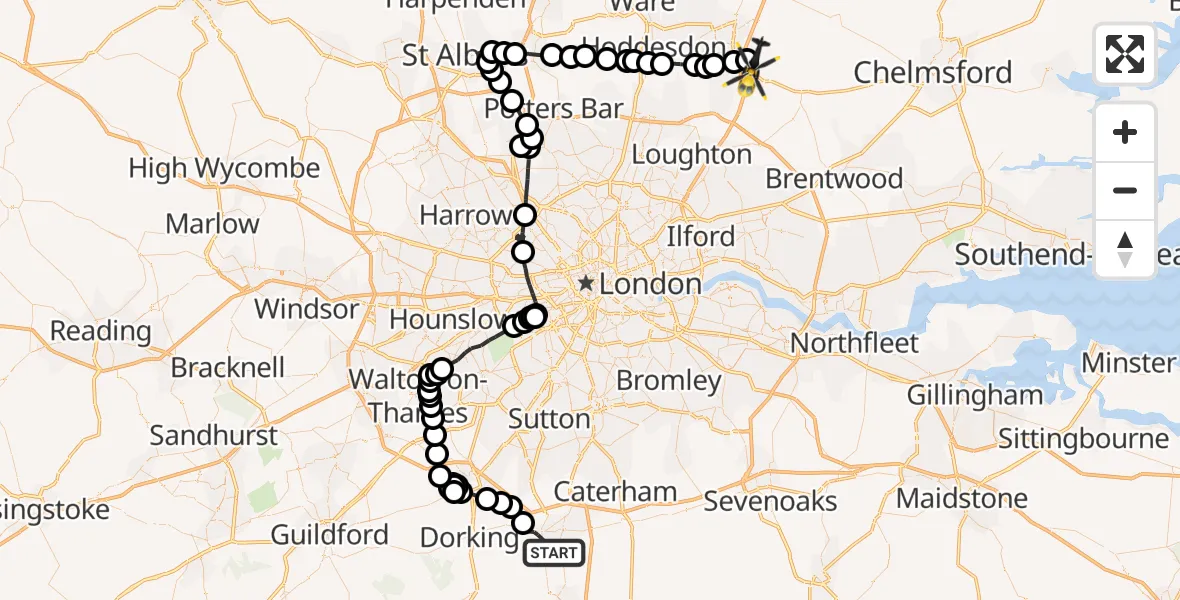 Flight path map showing Police Helicopter route from Reigate to North Weald Bassett
