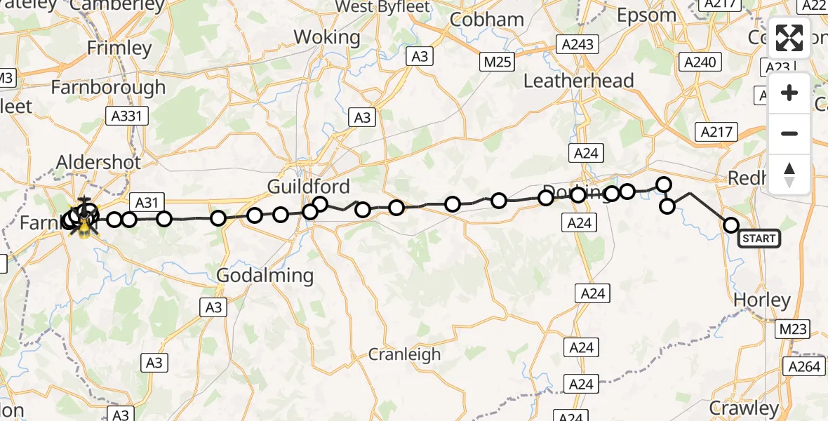 Flight path map showing Police Helicopter route from Salfords to Hale