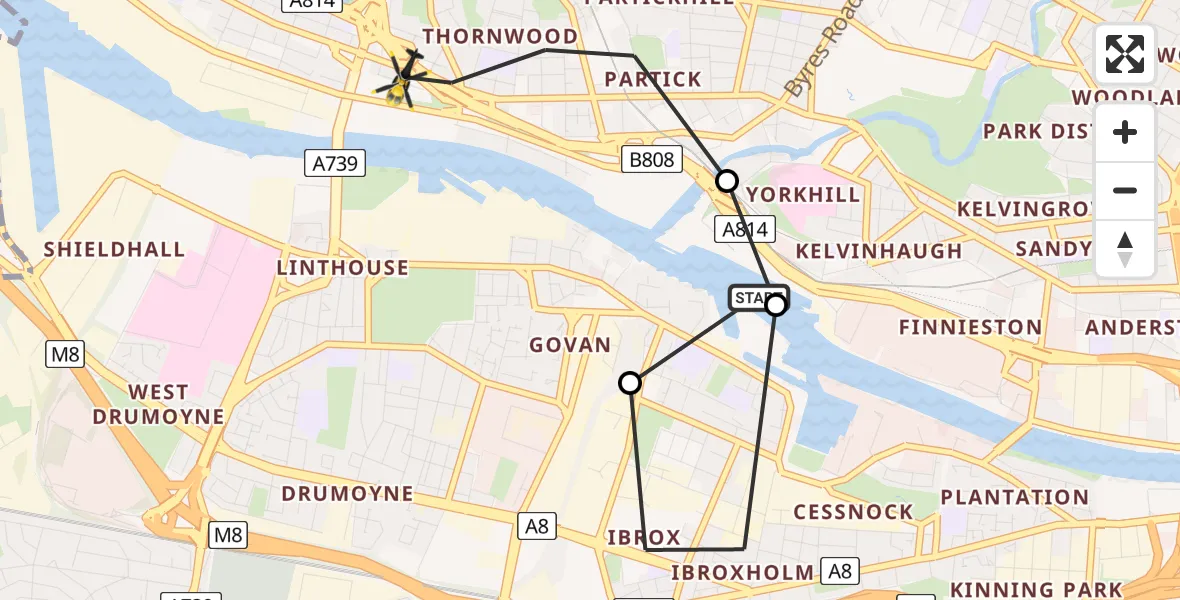 Flight path map showing Police Helicopter route from Glasgow City Heliport to Glasgow