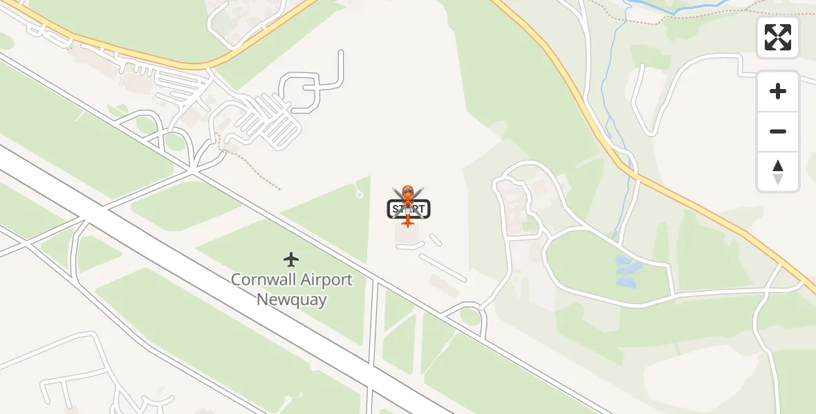 Flight path map showing Coastguard Helicopter route from Cornwall Airport Newquay to Cornwall Airport Newquay