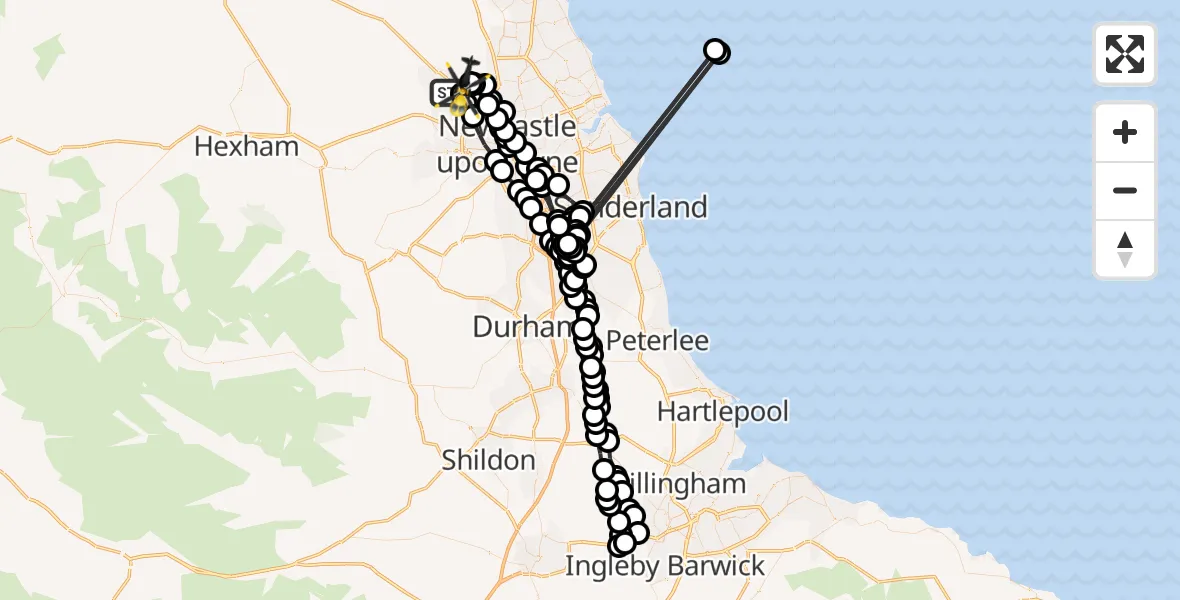 Flight path map showing Police Helicopter route from Newcastle International Airport to Newcastle International Airport