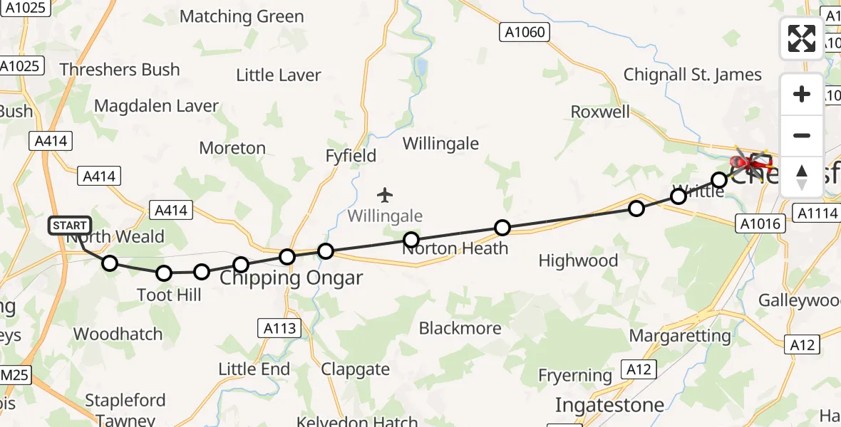 Flight path map showing Air Ambulance Helicopter route from North Weald Airfield to Chelmsford