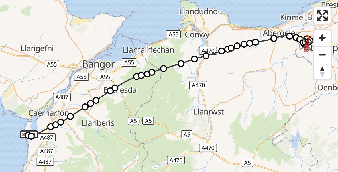 Routekaart van de vlucht: Air Ambulance Helicopter to St Asaph, Gwibffordd Gogledd Cymru / North Wales Expressway