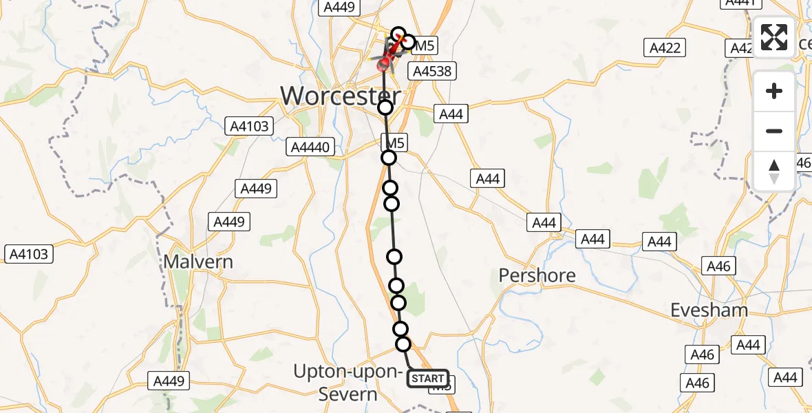 Flight path map showing Air Ambulance Helicopter route from Hill Croome to Worcester