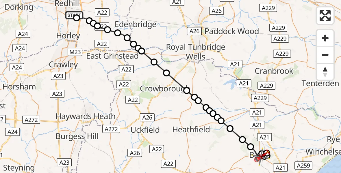 Flight path map showing Air Ambulance Helicopter route from Redhill Aerodrome to Battle