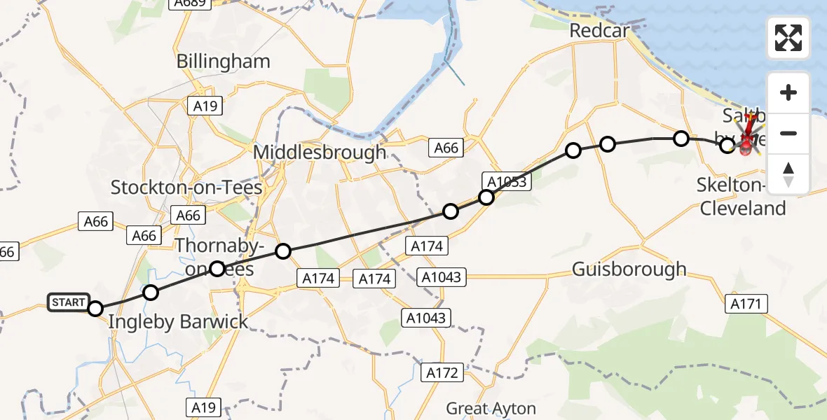 Flight path map showing Air Ambulance Helicopter route from Egglescliffe to Saltburn by the Sea