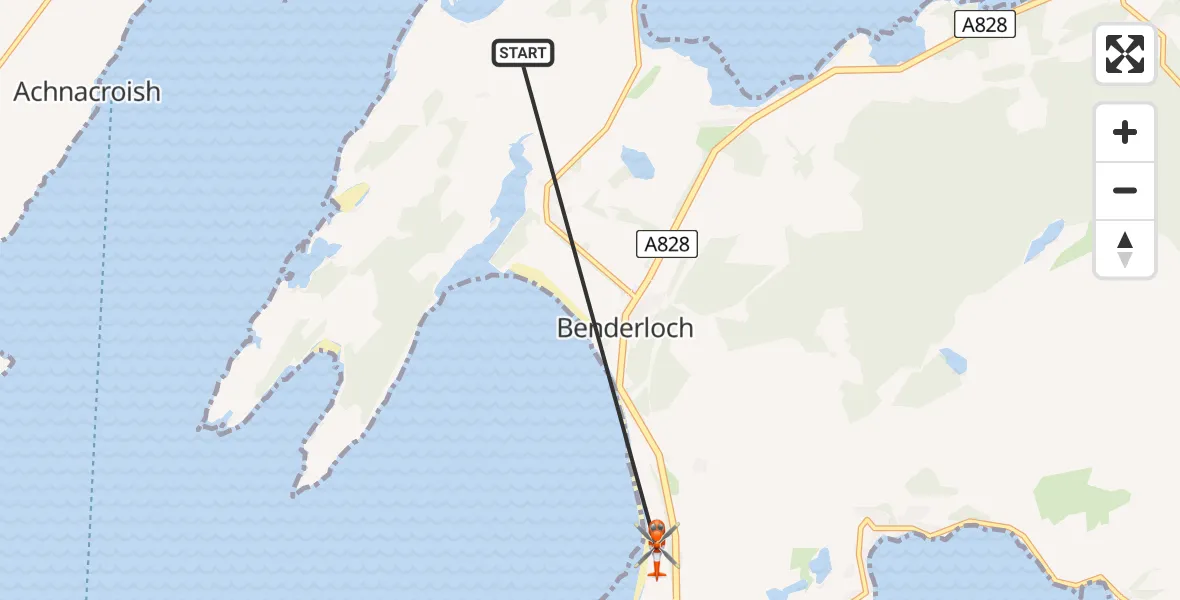 Flight path map showing Coastguard Helicopter route from Inner Seas to Oban Airport