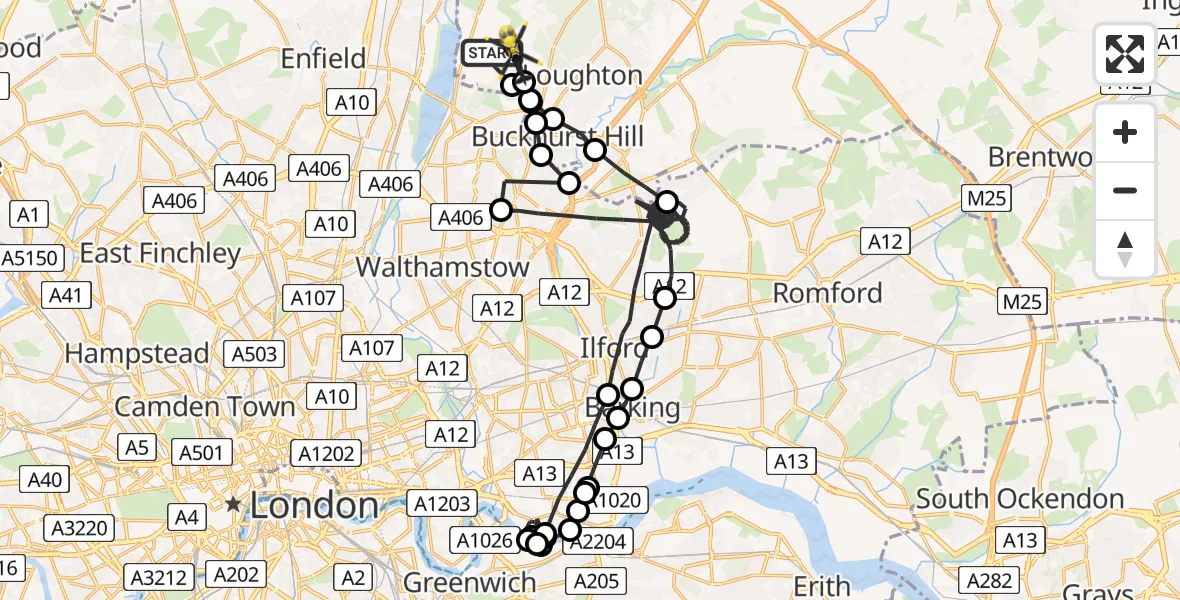 Flight path map showing Police Helicopter route from Sewardstonebury to Sewardstonebury