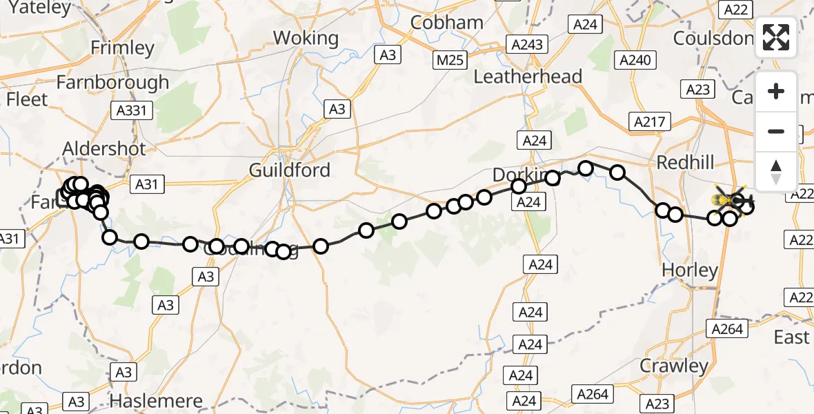 Flight path map showing Police Helicopter route from Hale to South Nutfield
