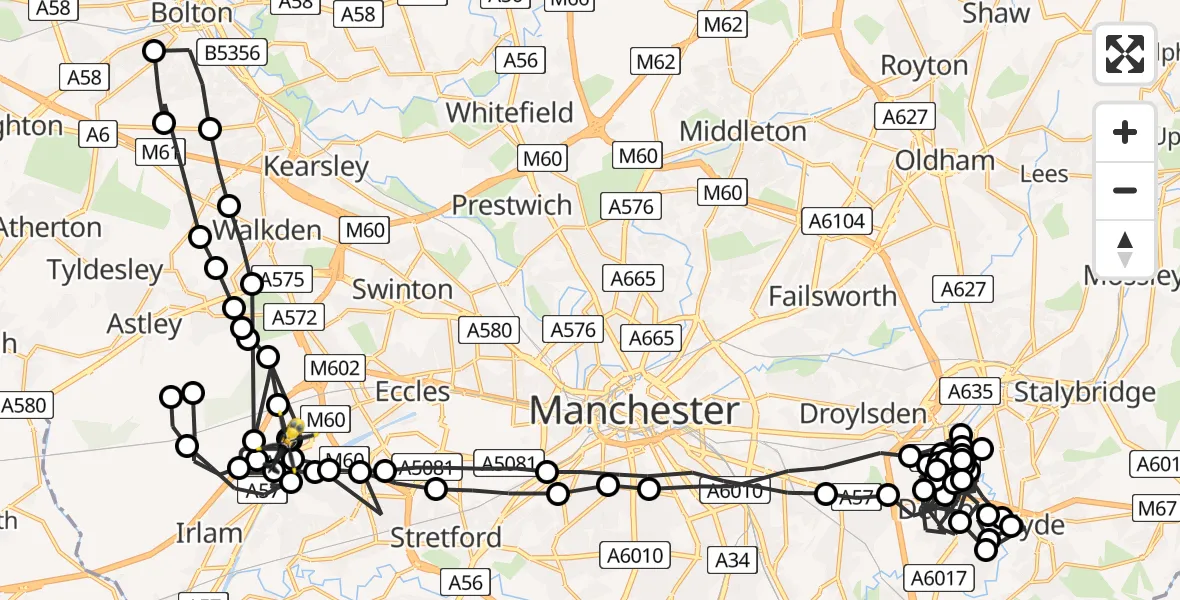 Flight path map showing Police Helicopter route from Manchester Barton Aerodrome to Manchester Barton Aerodrome
