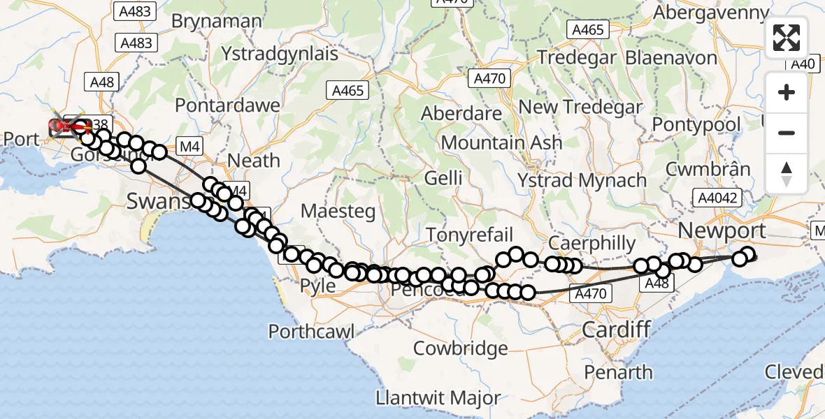 Flight path map showing Air Ambulance Helicopter route from Dafen to Dafen