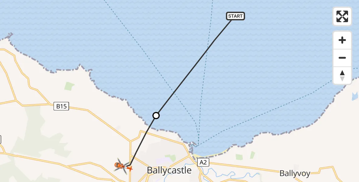 Flight path map showing Coastguard Helicopter route from Inner Seas to Ballycastle