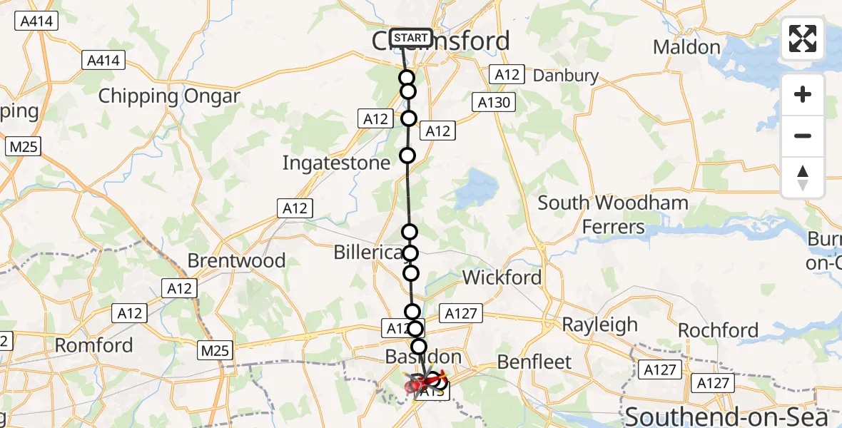 Flight path map showing Air Ambulance Helicopter route from Chelmsford to Basildon