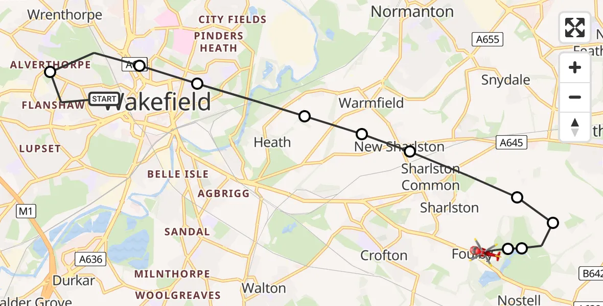 Flight path map showing Air Ambulance Helicopter route from Wakefield to YAA Nostell Helicopter Port
