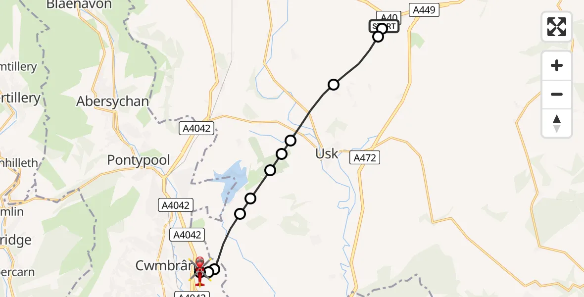 Flight path map showing Air Ambulance Helicopter route from Raglan to Grange University Hospital Heliport