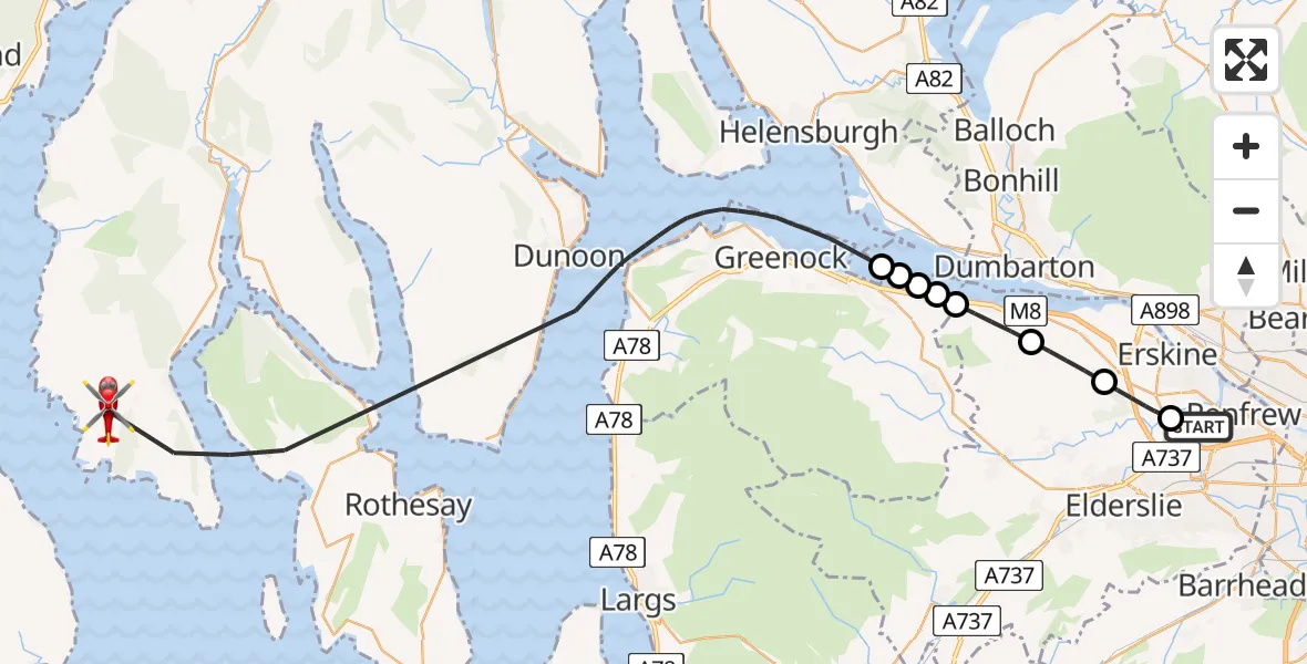 Flight path map showing Air Ambulance Helicopter route from Glasgow Airport to Inner Seas