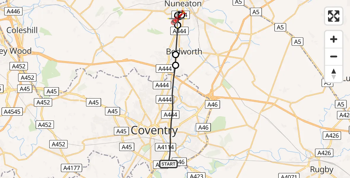 Flight path map showing Air Ambulance Helicopter route from Coventry to George Elliot Hospital