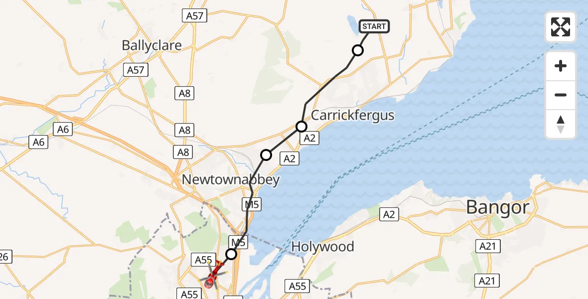 Routekaart van de vlucht: Air Ambulance Helicopter to Belfast, Indiana Avenue