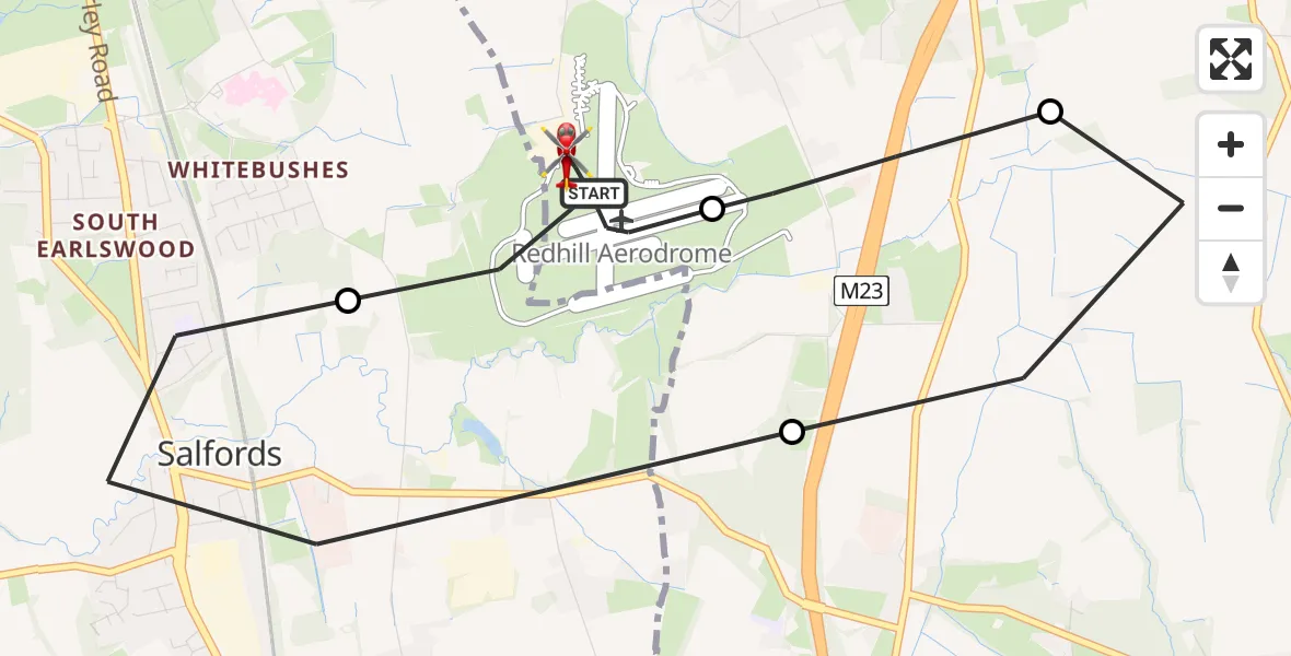Flight path map showing Air Ambulance Helicopter route from Redhill Aerodrome to Redhill Aerodrome