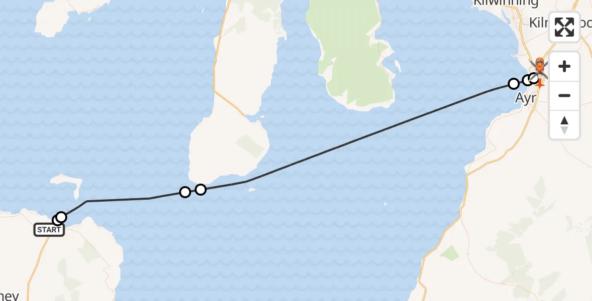 Flight path map showing Coastguard Helicopter route from Ballycastle to Glasgow Prestwick Airport