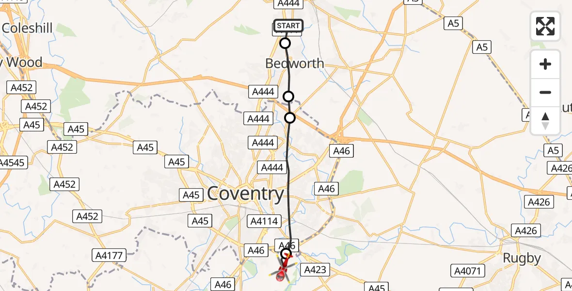 Flight path map showing Air Ambulance Helicopter route from Nuneaton to Coventry Airport