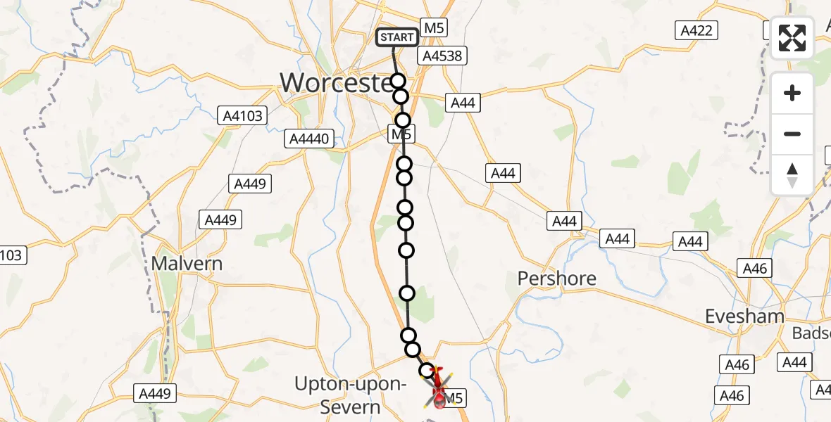 Flight path map showing Air Ambulance Helicopter route from Worcester to Hill Croome