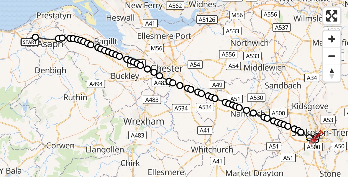 Flight path map showing Air Ambulance Helicopter route from Bodelwyddan to University Hospital North Staffs