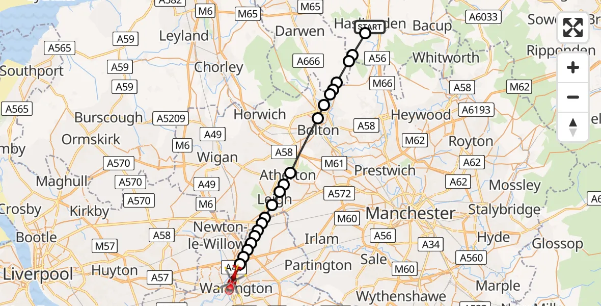 Flight path map showing Air Ambulance Helicopter route from Haslingden to Warrington