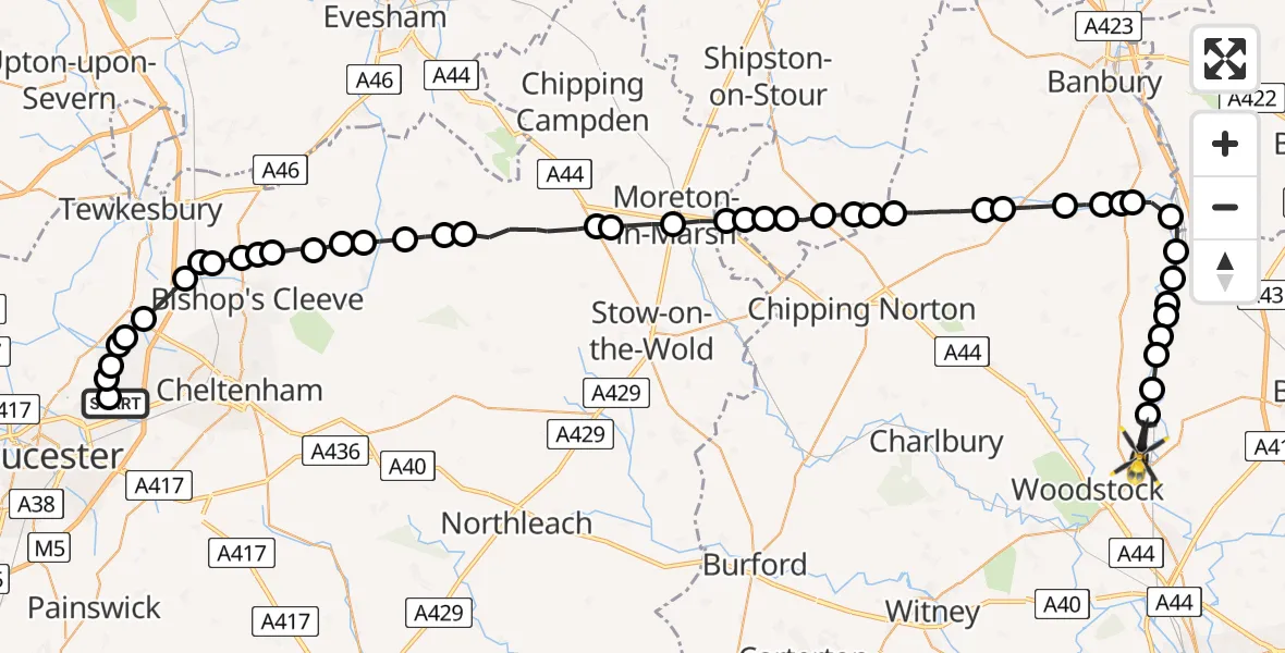 Flight path map showing Police Helicopter route from Gloucestershire Airport to Tackley