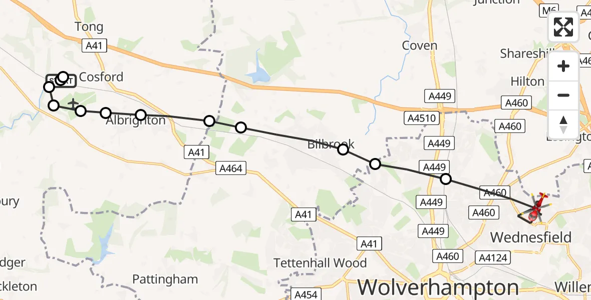 Flight path map showing Air Ambulance Helicopter route from RAF Cosford to Wednesfield