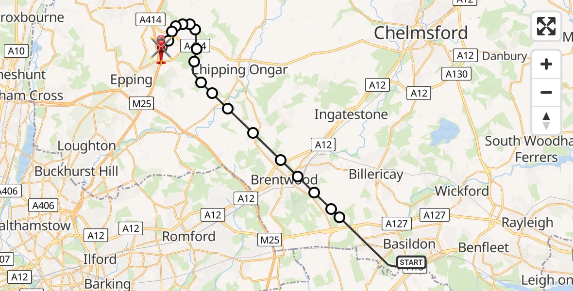 Flight path map showing Air Ambulance Helicopter route from Basildon to North Weald Airfield