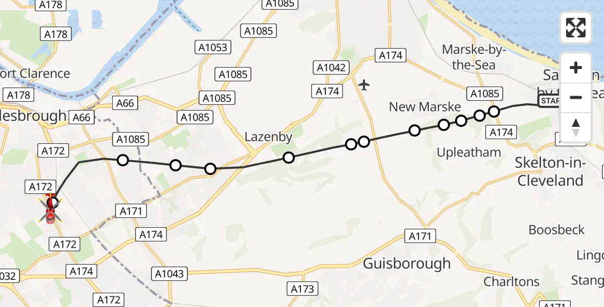 Flight path map showing Air Ambulance Helicopter route from Saltburn by the Sea to James Cook University Hospital