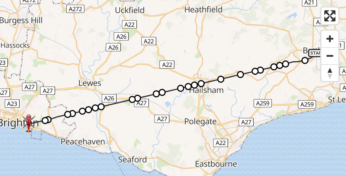 Flight path map showing Air Ambulance Helicopter route from Battle to Brighton