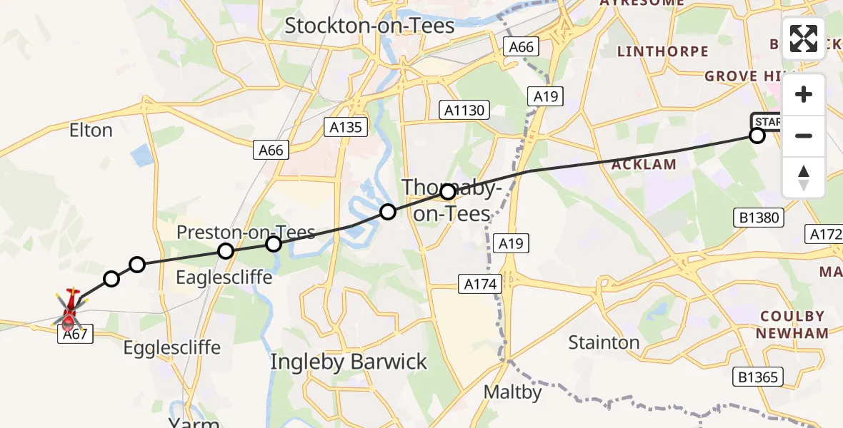 Flight path map showing Air Ambulance Helicopter route from James Cook University Hospital to Egglescliffe
