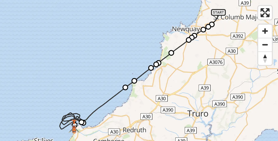 Flight path map showing Coastguard Helicopter route from Cornwall Airport Newquay to Camborne