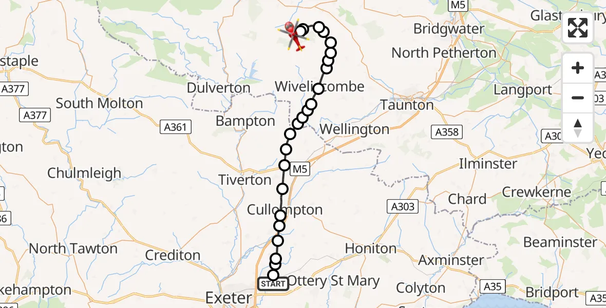 Flight path map showing Air Ambulance Helicopter route from Cranbrook to Old Cleeve
