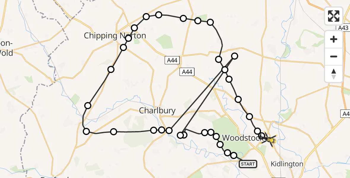 Flight path map showing Police Helicopter route from Bladon to Shipton-on-Cherwell
