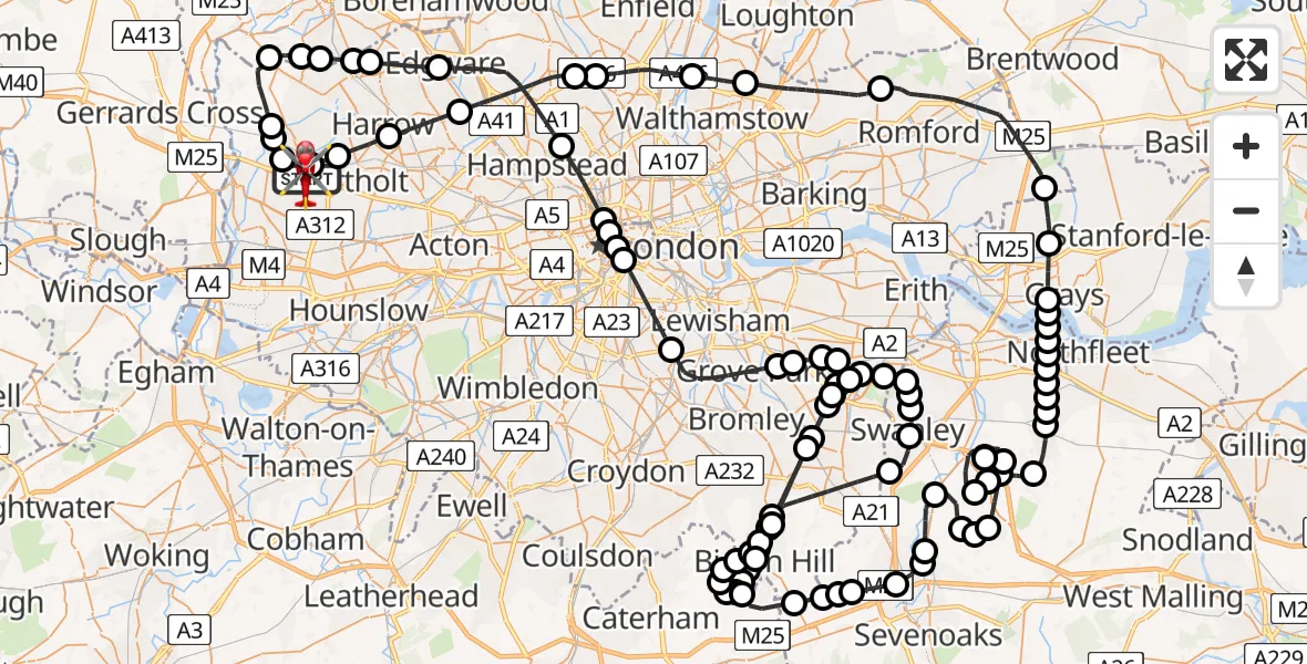 Flight path map showing Air Ambulance Helicopter route from RAF Northolt to RAF Northolt