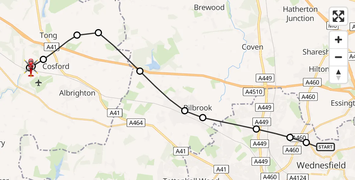 Flight path map showing Air Ambulance Helicopter route from Wednesfield to Cosford
