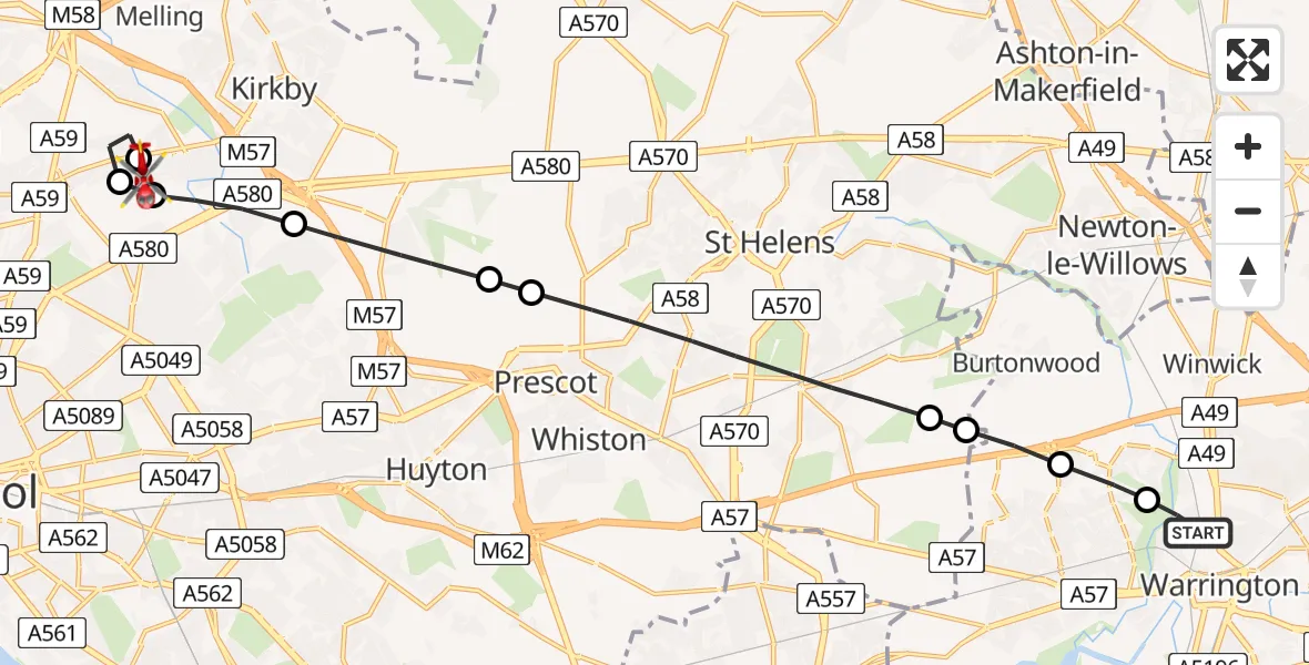 Flight path map showing Air Ambulance Helicopter route from Warrington to Aintree University Hospital Heliport