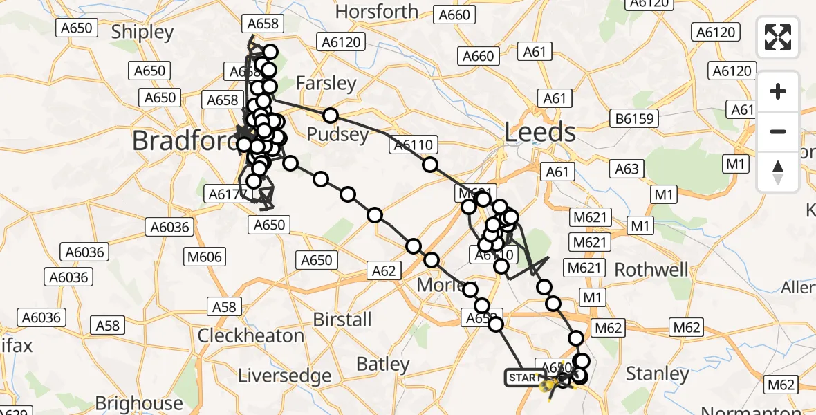 Flight path map showing Police Helicopter route from East Ardsley to Wrenthorpe